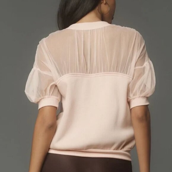 Anthropologie Maeve Short Sleeve Sheer Inset Knit Top. Pale Pink. Size Large - Picture 2 of 15